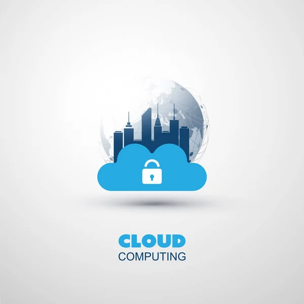 Cloud Computing y Smart City Design Concept - Conexiones globales de red digital, antecedentes tecnológicos — Vector de stock