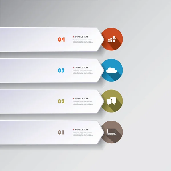 Conception d'infographie de style de coupe de papier moderne coloré Flèche horizontale en forme de liste articles avec des icônes — Image vectorielle