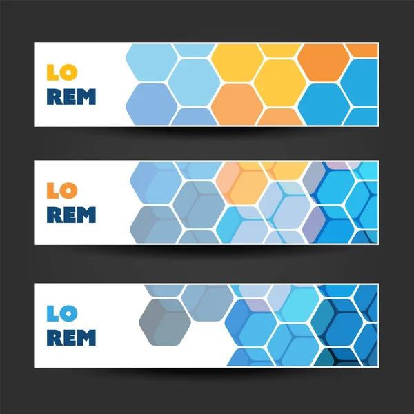 Reihe von horizontalen Banner- oder Header-Designs für Geschäftsankündigungen oder Web-Anzeigenvorlagen - Farben: blau, weiß und orange — Stockvektor