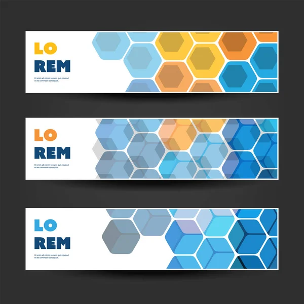 Reihe von horizontalen Banner- oder Header-Designs für Geschäftsankündigungen oder Web-Anzeigenvorlagen - Farben: blau, weiß und orange — Stockvektor