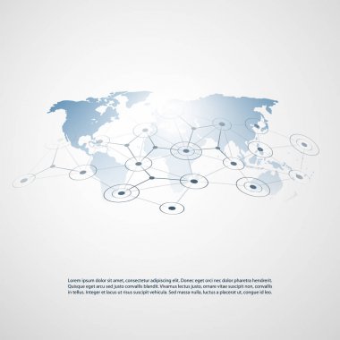 Cloud computing, Dünya Haritası, şeffaf geometrik kafes ile ağları yapısı, telekomünikasyon konsept tasarımı, dünya çapında ağ bağlantıları