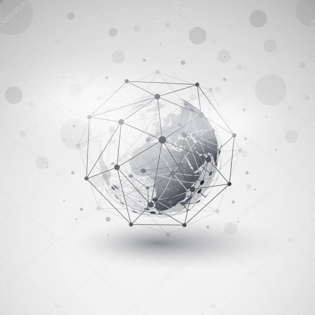 Cloud Computing, Networks Structure, Telecommunications Concept Design, Worldwide Network Connections with Earth Globe, Transparent Geometric Wireframe