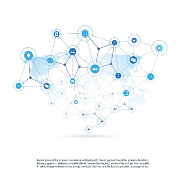 Cloud computing, ağlar yapısı, telekomünikasyon konsept tasarımı, dünya çapında ağ bağlantıları Dünya Haritası, şeffaf geometrik kafes ve simgeler 