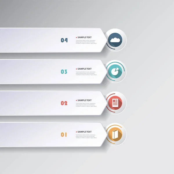 Diseño de infografías de estilo de corte de papel moderno colorido: elementos de lista en forma de flecha horizontal con iconos — Archivo Imágenes Vectoriales