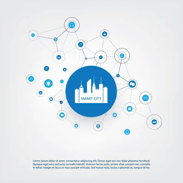 Smart City, Cloud Computing Design Concept with Icons - Digital Network Connections, Technology Background - Stok Vektor