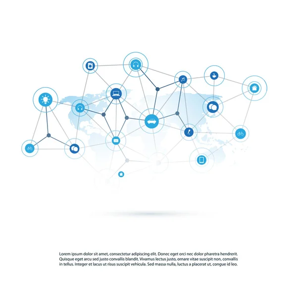 Cloud Computing, Structure des réseaux, Conception de concepts de télécommunications, Connexions réseau mondiales avec carte du monde, Maillage géométrique transparent et icônes — Image vectorielle