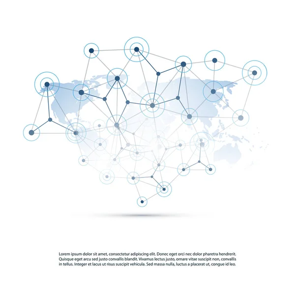 Cloud Computing, struktura sítě, telekomunikační koncept Design, Celosvětová síť připojení s mapou světa a transparentní geometrické sítě — Stockový vektor