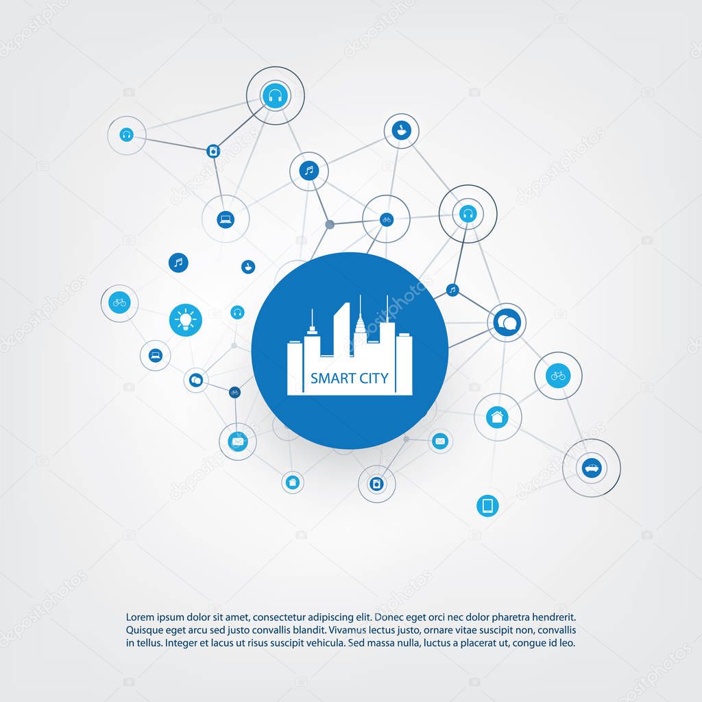 Smart City, Cloud Computing Design Concept with Icons - Digital Network Connections, Technology Background