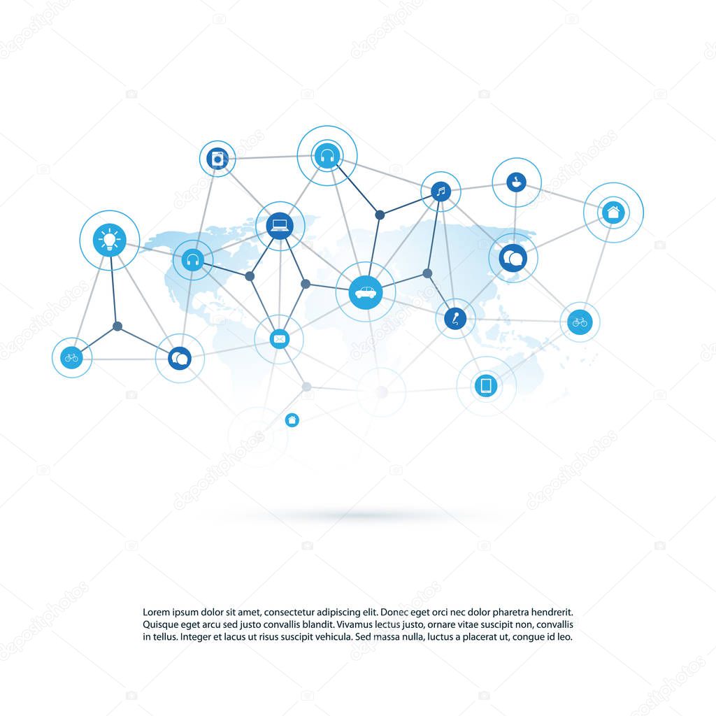 Cloud Computing, Networks Structure, Telecommunications Concept Design, Worldwide Network Connections with World Map, Transparent Geometric Mesh and Icons 