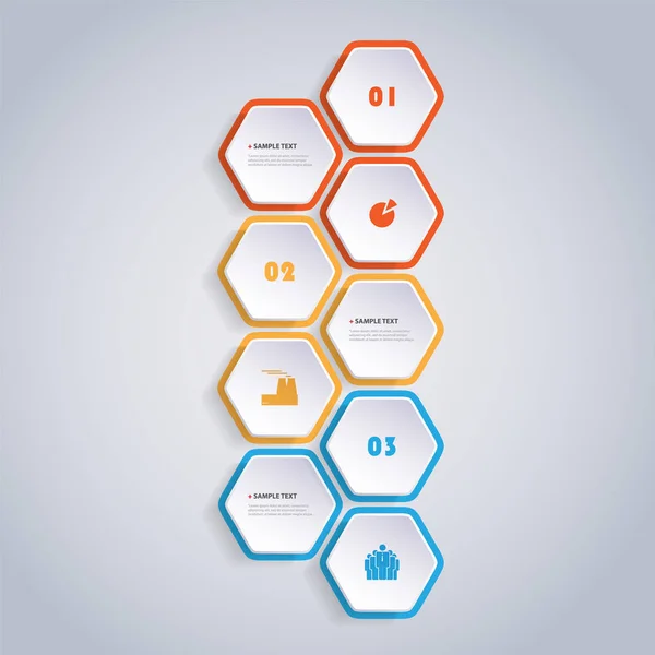 Farbenfroher moderner Stil Infografik-Design - Reihe von minimalistischen nummerierten geometrischen Formen, runde Sechsecke mit Symbolen — Stockvektor
