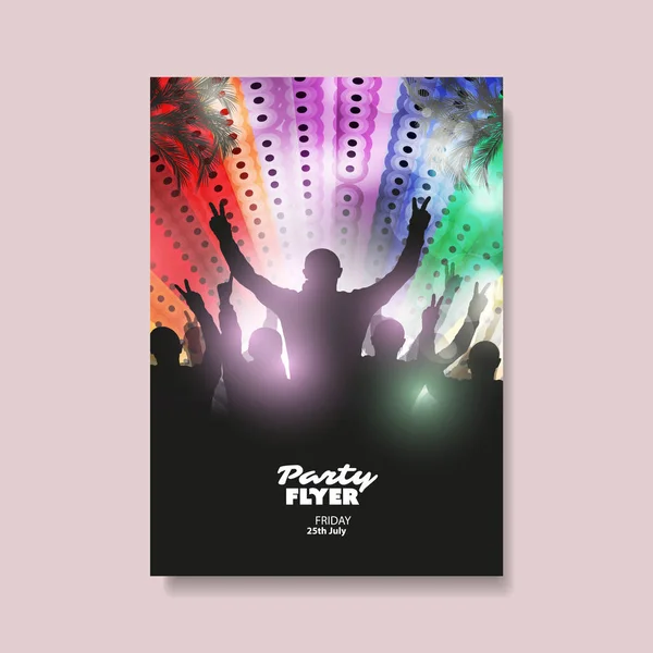 Cartel de fiesta colorido, placa, volante o plantilla de diseño de portada con silueta de multitud en la oscuridad — Vector de stock