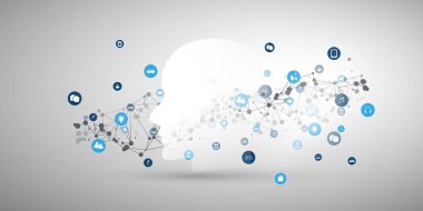 Makine Öğrenme, Yapay Zeka, Bulut Hesaplama ve Ağ Tasarımı İnsan ya da Robot Yüzlü Siluet, Simgeler ve Çokgen Ağ Ağları Konsepti