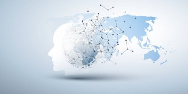 Makine Öğrenme, Yapay Zeka, Bulut Hesaplama ve Ağ Tasarımı İnsan veya Robot Yüz Silueti, Çokgen Ağ Ağları ve Dünya Haritası Tasarımı