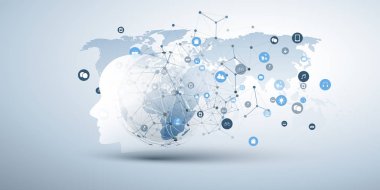 Makine Öğrenme, Yapay Zeka, Bulut Hesaplama ve Ağ Tasarımı İnsan veya Robot Yüz Silueti, Simgeler, Dünya Haritası ve Ağ Ağı