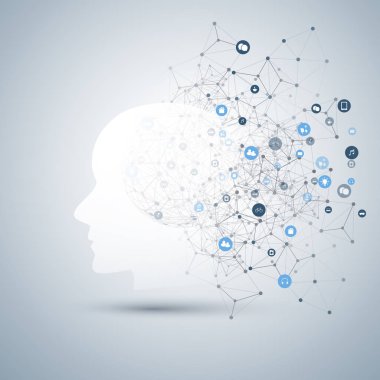 Makine Öğrenme, Yapay Zeka, Bulut Hesaplama ve Ağ Tasarımı İnsan ya da Robot Yüzlü Siluet, Simgeler ve Çokgen Ağ Ağları Konsepti