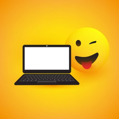 Emoji, Göz Kırpan Emoticon ve Laptop Bilgisayar Sarı Arkaplanda - Vektör Tasarımı