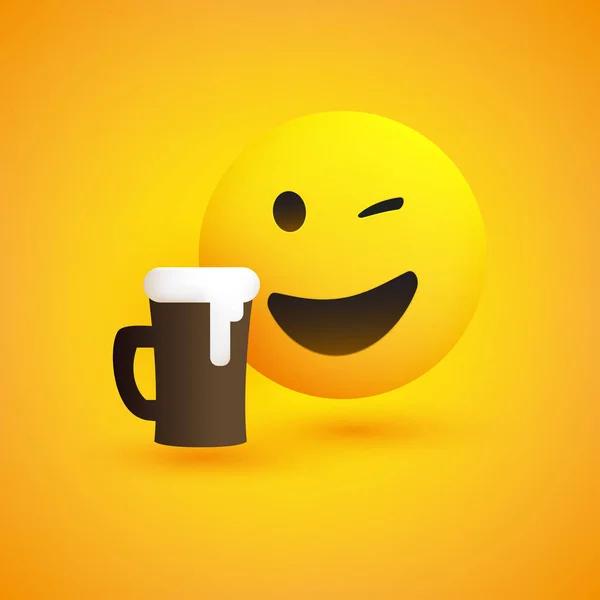 Bir bardak birayla gülümseyen ve göz kırpan Emoji. — Stok Vektör