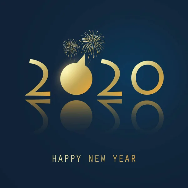 Tarjeta de Año Nuevo Azul Oscuro y Dorado con fuegos artificiales - 2020 — Vector de stock