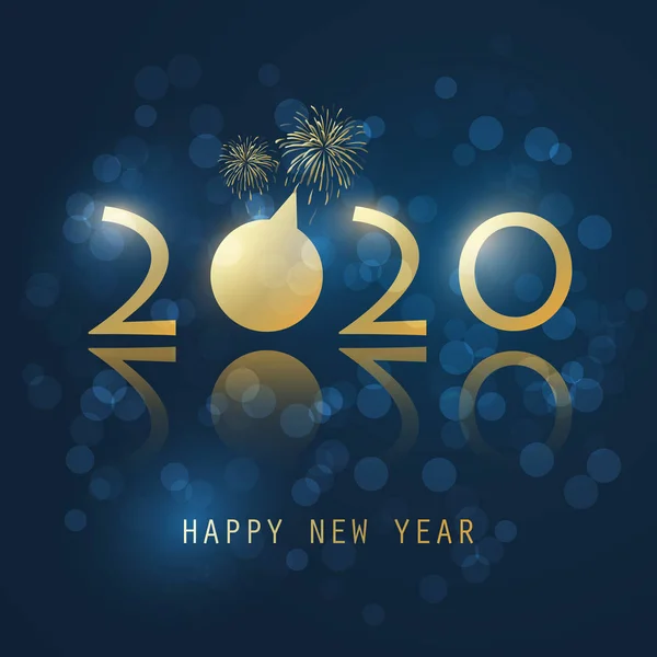 Tarjeta de Año Nuevo Azul Oscuro y Dorado con fuegos artificiales - 2020 — Vector de stock