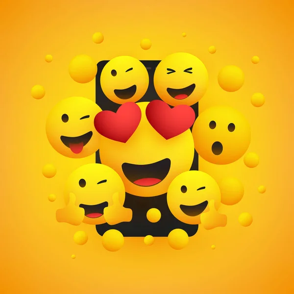 Verschiedene Lächelnde Glückliche Gelbe Emoticons Design Gruppe Lustiger Menschen Vor — Stockvektor