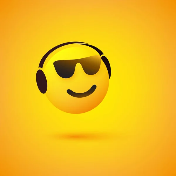 Emoticon Cara Con Gafas Sol Auriculares Sobre Fondo Amarillo Escuchando — Archivo Imágenes Vectoriales