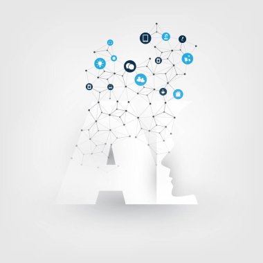 Yapay Zeka, Nesnelerin İnterneti ve Ağ Ağı, Ai Logosu ve Simgeleri ile Akıllı Teknoloji Tasarımı - Vektör İllüstrasyonu