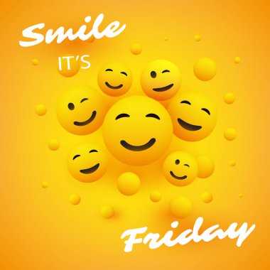 Gülümse! Bugün Cuma - Mutlu Mutlu Emoji 'nin Çeşitli Türleri ve İnsanlar Grubu' nun Sancak Tasarımı