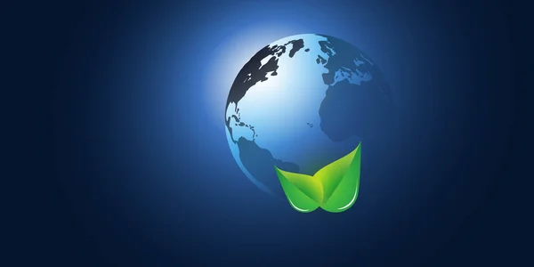 Mavi Küresel Eko Tasarım Düzeni Yeşil Yapraklar Dünya Küresi Vektör — Stok Vektör