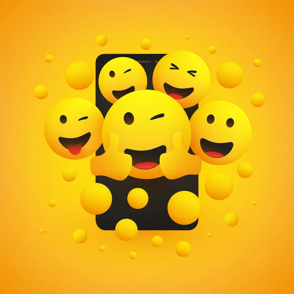 Διάφορα Χαμογελώντας Ευτυχισμένη Emoticons Κίτρινο Μπροστά Από Μια Οθόνη Smartphone — Διανυσματικό Αρχείο