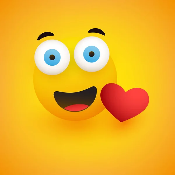 黄色の背景にポップアウトの目と赤のハートで驚くべき笑顔 ベクトルデザインコンセプト — ストックベクタ