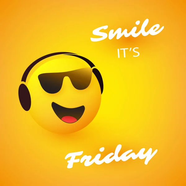 笑一个 今天是周五 周末的 带着微笑的旗帜 带着太阳镜和耳机的松驰的Emoji — 图库矢量图片