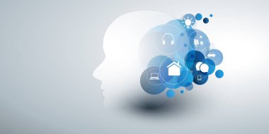 Makine Öğrenme, Yapay Zeka, Bulut Hesaplama, Çok ve Ağ Tasarımı Simgeler ve İnsan veya Robot Başı Konsepti