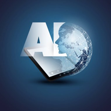 Mavi Makine Öğrenme, Yapay Zeka, Bulut Hesaplama ve Ağ Tasarımı Dünya Küresi, Tablet Pc, Ai Etiketi