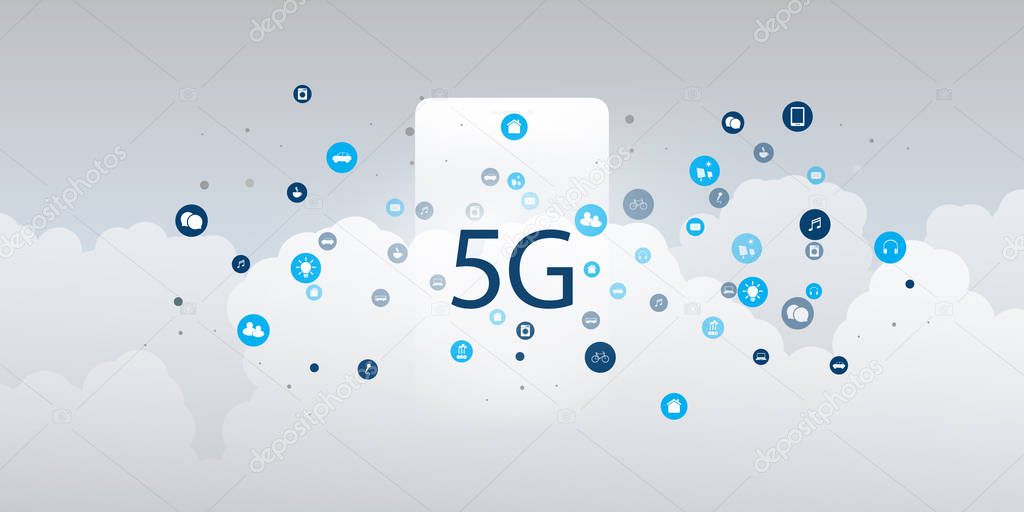 5G Network Label with Icons Representing Various Kind of Devices and Services - High Speed, Broadband Mobile Telecommunication and Wireless IoT Systems Design Concept