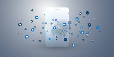 Smartphone ile Soyut Modern Asgari Bulut Hesaplama, Ağ, Çok, Taşınabilirlik ve Telekomünikasyon Tasarımı - Vector Illustration