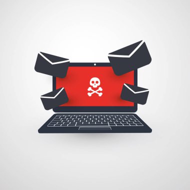 Dizüstü bilgisayar ve Zararlı Yazılım E- Virüs, Arka kapı, Fidye Yazılımı, Sahtekarlık, Fidye, E- Posta Dolabı, Hacker Saldırısı - Güvenlik Tasarımı, Vektör İllüstrasyonu
