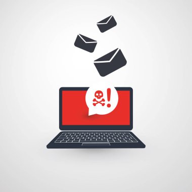 Laptop ve Zararlı Zarar Verici Uyarı, E-posta ile Enfeksiyon - Virüs, Arka Kapı, Fidye, Dolandırıcılık, Spam, Phishing, E-posta Dolandırıcılığı, Hacked Computer - It Security Concept Design, Vector Illustration