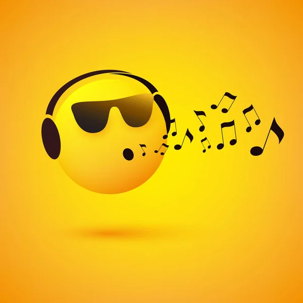 Zpívání Nebo Pískání Emotikon Tvář Slunečními Brýlemi Sluchátky Žlutém Pozadí — Stockový vektor