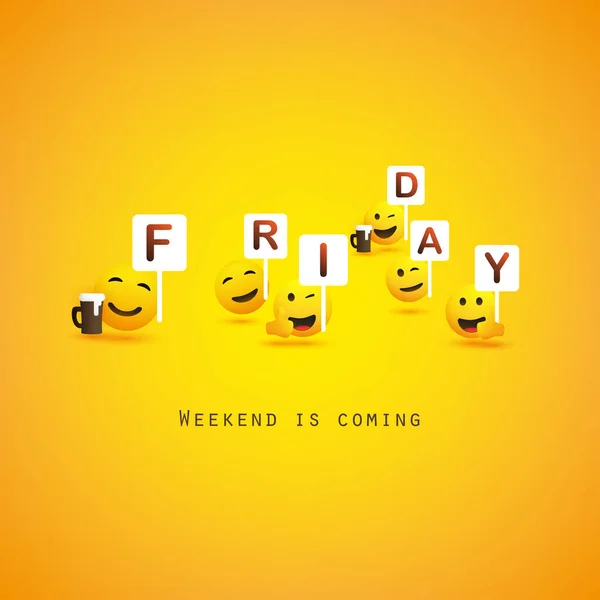 Piątek Weekend Nadchodzi Sztandar Mrugającym Uśmiechniętym Emoji Emoticons — Wektor stockowy