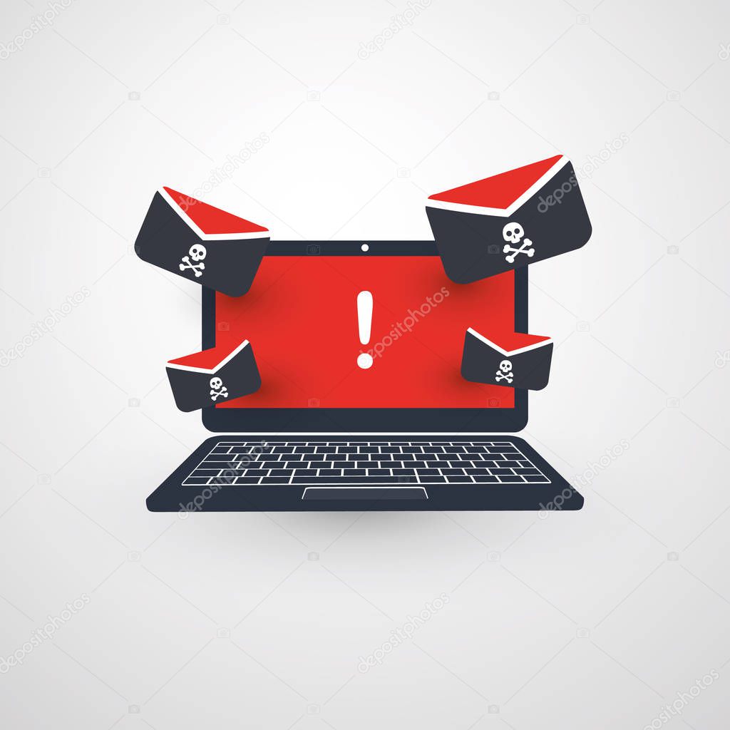 Laptop and Envelopes - Malware Attack Warning, Infection by E-mail - Virus, Backdoor, Ransomware, Fraud, Spam, Phishing, Email Scam, Hacked Computer - IT Security Concept Design, Vector Illustration