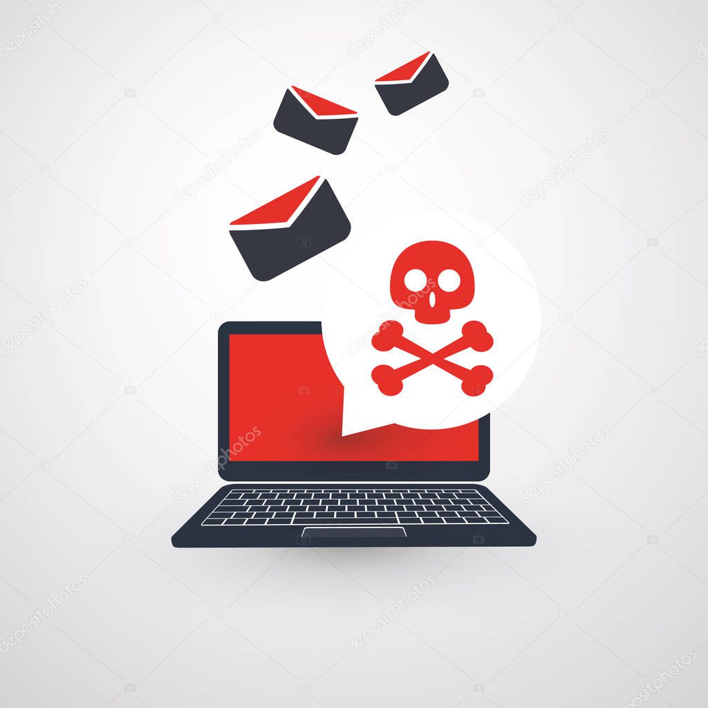 Laptop and Envelopes - Malware Attack Warning, Infection by E-mail - Virus, Backdoor, Ransomware, Fraud, Spam, Phishing, Email Scam, Hacked Computer - IT Security Concept Design, Vector Illustration