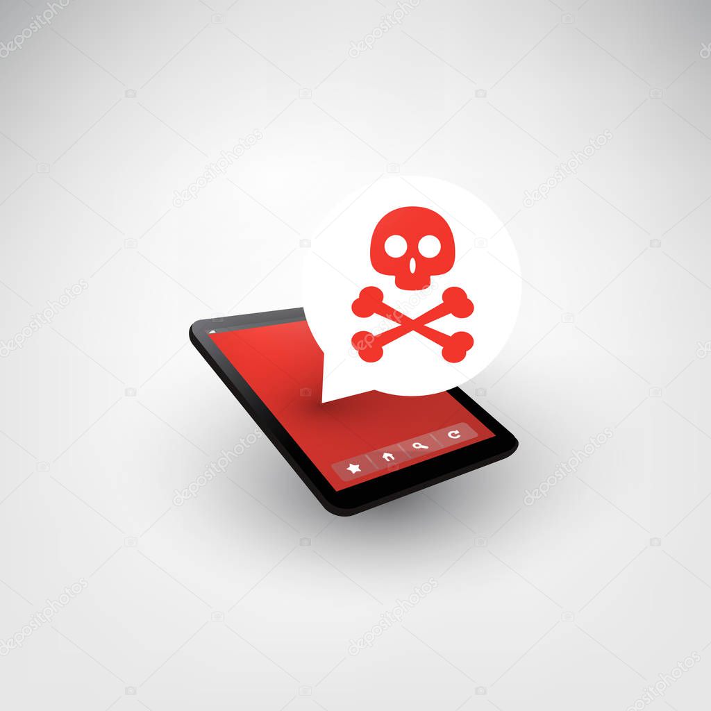 Malware Infection Warning Speech Bubble on Tablet PC or Mobile Phone - Virus, Backdoor, Ransomware, Fraud, Spam, Phishing, Email Scam, Hacker Attack - IT Security Concept Design, Vector Illustration