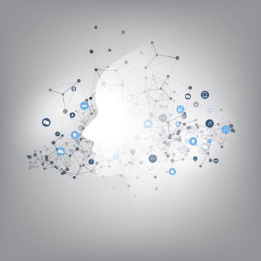 Makine Öğrenme, Yapay Zeka, Bulut Hesaplama ve IoT Ağ Tasarımı İnsan veya Robot Yüzlü Siluet, Simgeler ve Çokgen Ağ Ağı Kavramı