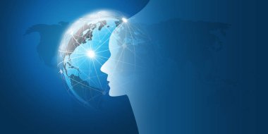 Makine Öğrenme, Yapay Zeka, Bulut Hesaplama ve Ağ Tasarımı Dünya Küresi, Ağ Ağı ve İnsan veya Robot Başı Konsepti