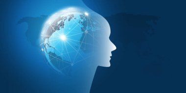 Makine Öğrenme, Yapay Zeka, Bulut Hesaplama ve Ağ Tasarımı Dünya Küresi, Ağ Ağı ve İnsan veya Robot Başı Konsepti