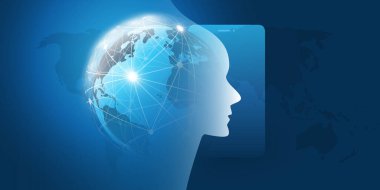 Makine Öğrenme, Yapay Zeka, Bulut Hesaplama ve Ağ Tasarımı Dünya Küresi, Ağ Ağı, Mobil Cihaz ve İnsan veya Robot Başı Konsepti