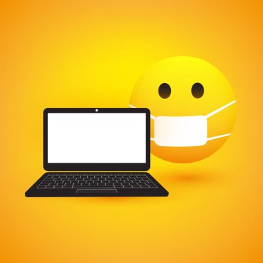 Kötü haber - Tıbbi Maske ve Laptop Bilgisayarlı Korkulu, Endişeli Duygu Simgesi - Vektör Tasarımı