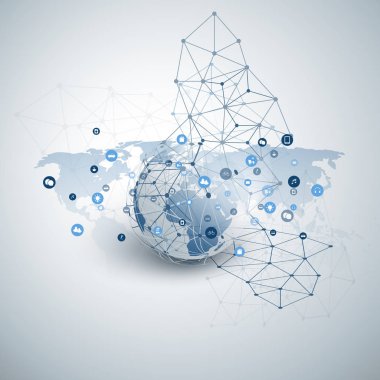 Nesnelerin İnterneti, Wireframe ve Icons ile Bulut Bilişim Tasarım Konsepti - Global Dijital Ağ Bağlantıları, Akıllı Teknoloji Vektör Konsepti