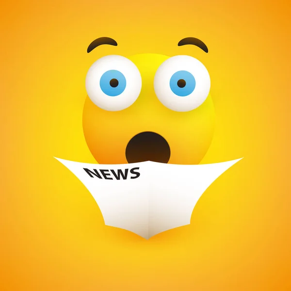 驚くべきニュース ポップアウトの目の絵文字が新聞を読む シンプルな絵文字黄色の背景 ベクトルデザイン — ストックベクタ