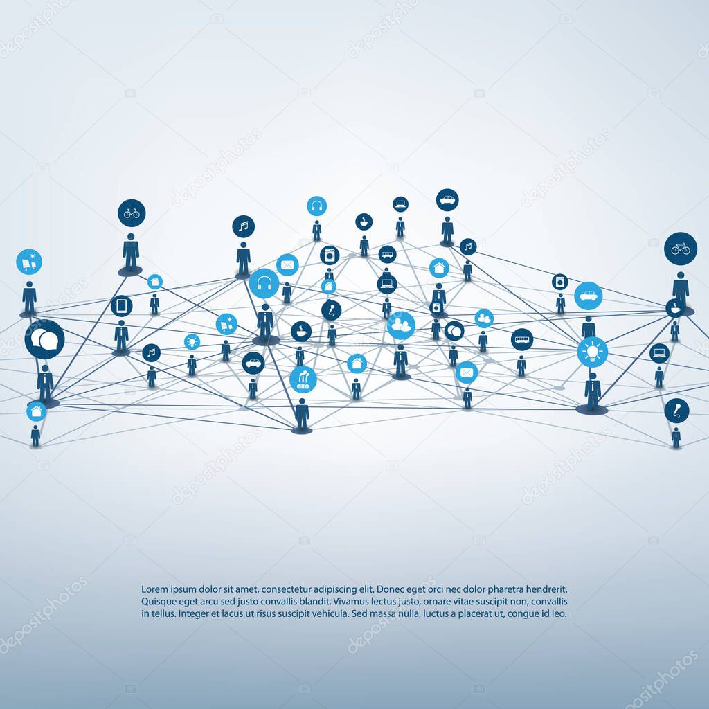 Internet of Things, Cloud Computing Design Concept with Wireframe and Icons - Global Digital Network Connections, Social Media, Smart Technology Vector Concept